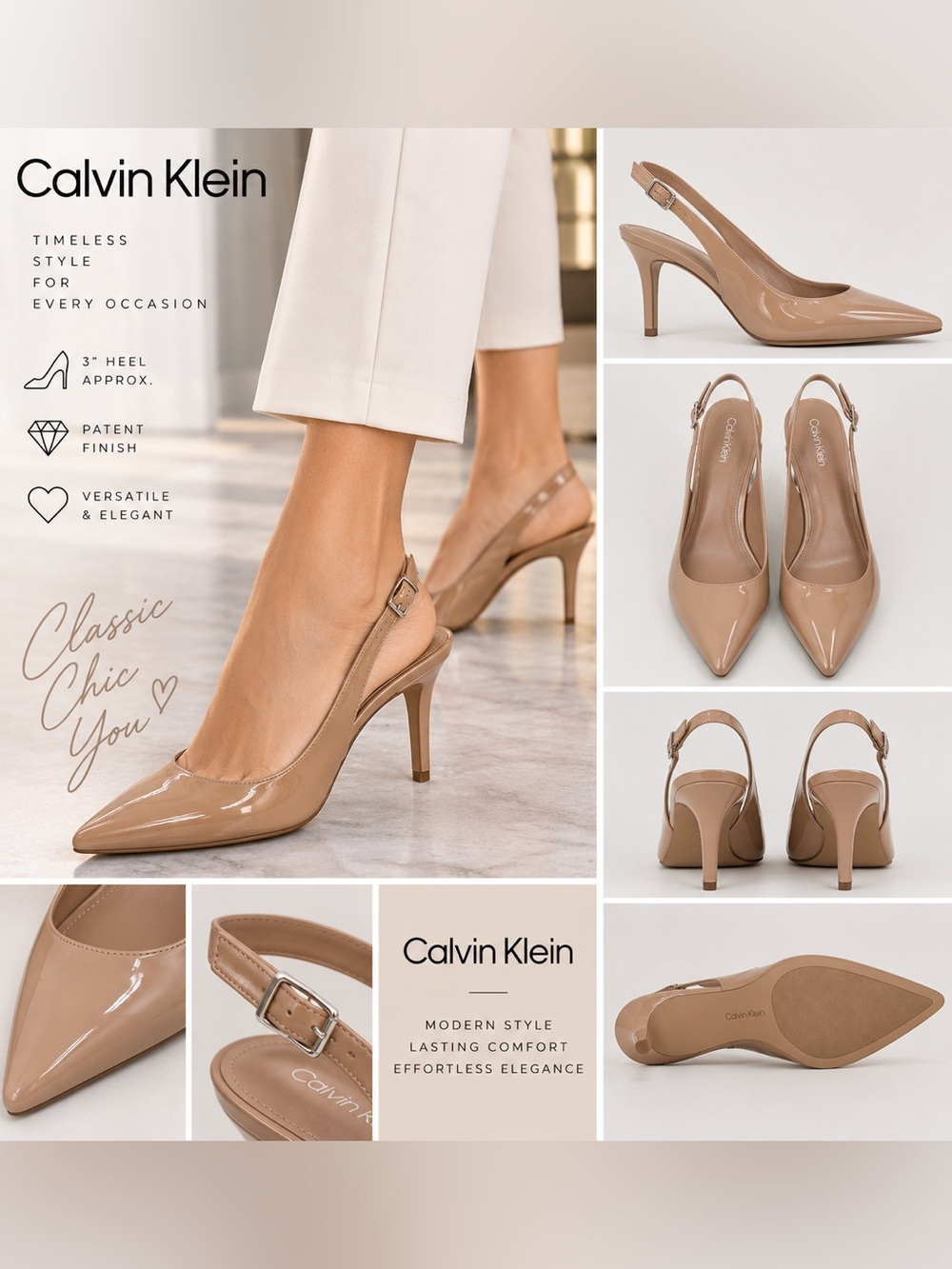 Calvin Klein Nude Patent Pointed Toe Slingback Heels Size 11